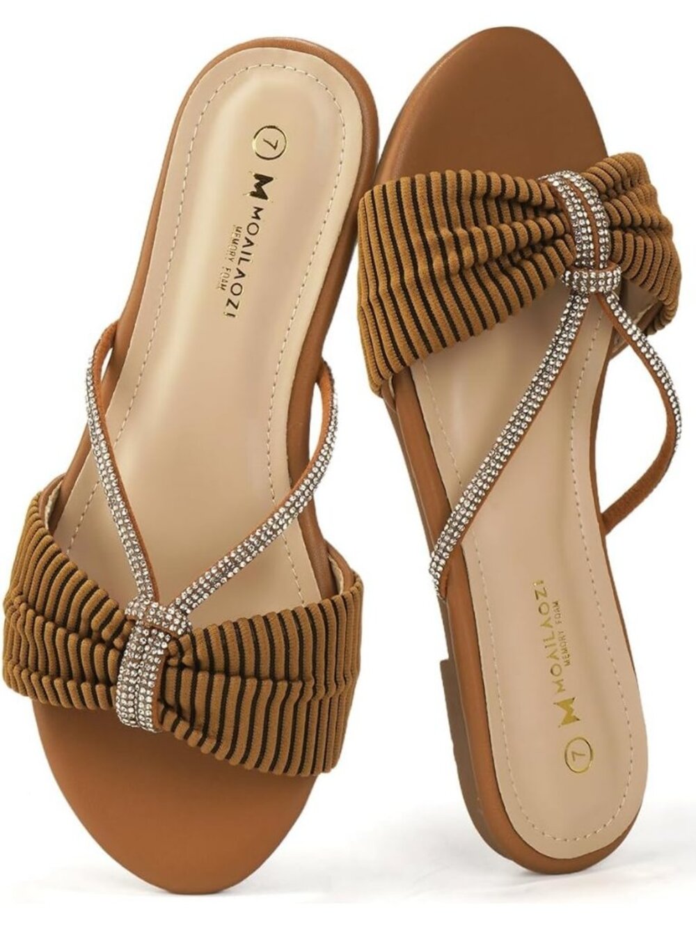 Women's Brown Rhinestone Strappy Slides With Soft Memory Foam Insole Flat Sandal